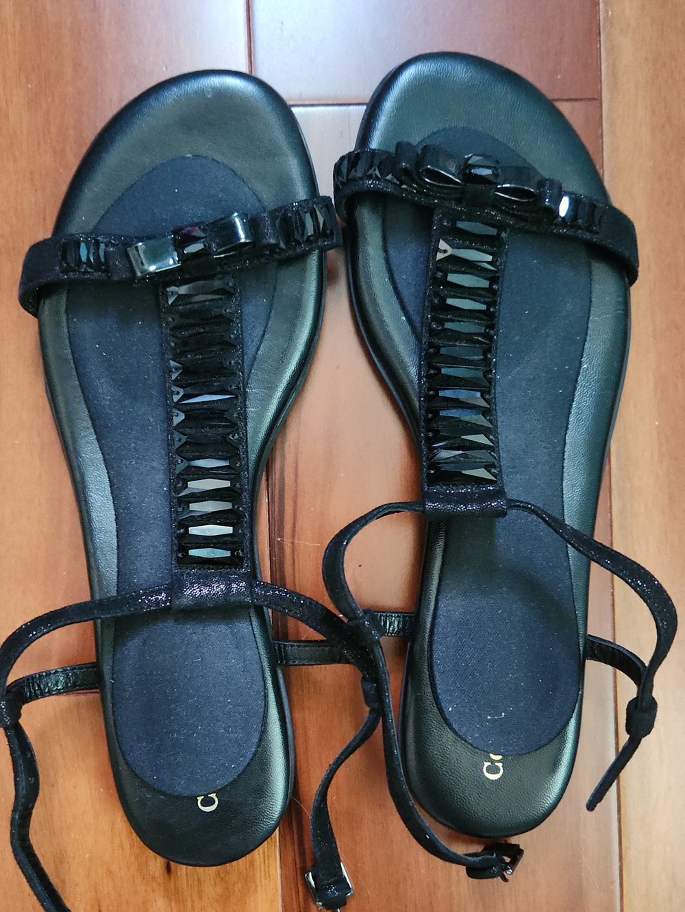 Cole Haan Black Jeweled T-Strap Sandals